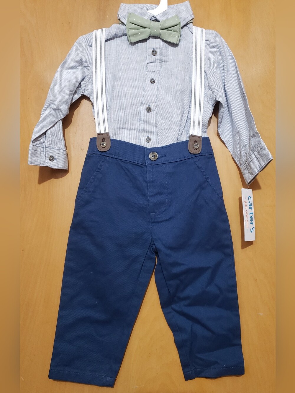 Carter's Navy Pants with White Striped Suspenders and Mint Green Bow Tie